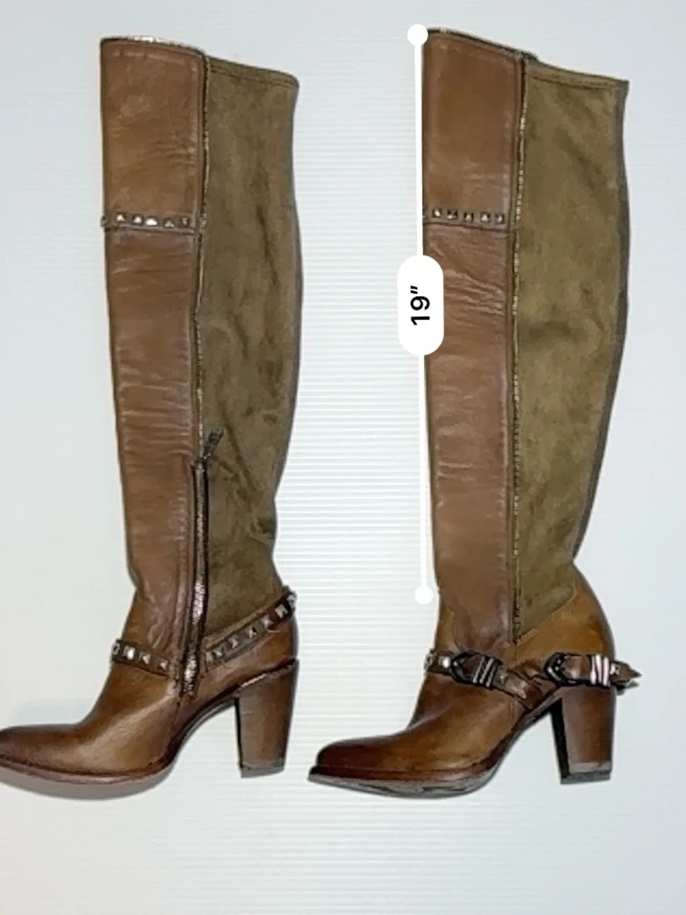Tall Brown Leather & Suede Over-the-Knee Heeled Boots with Stud Accent